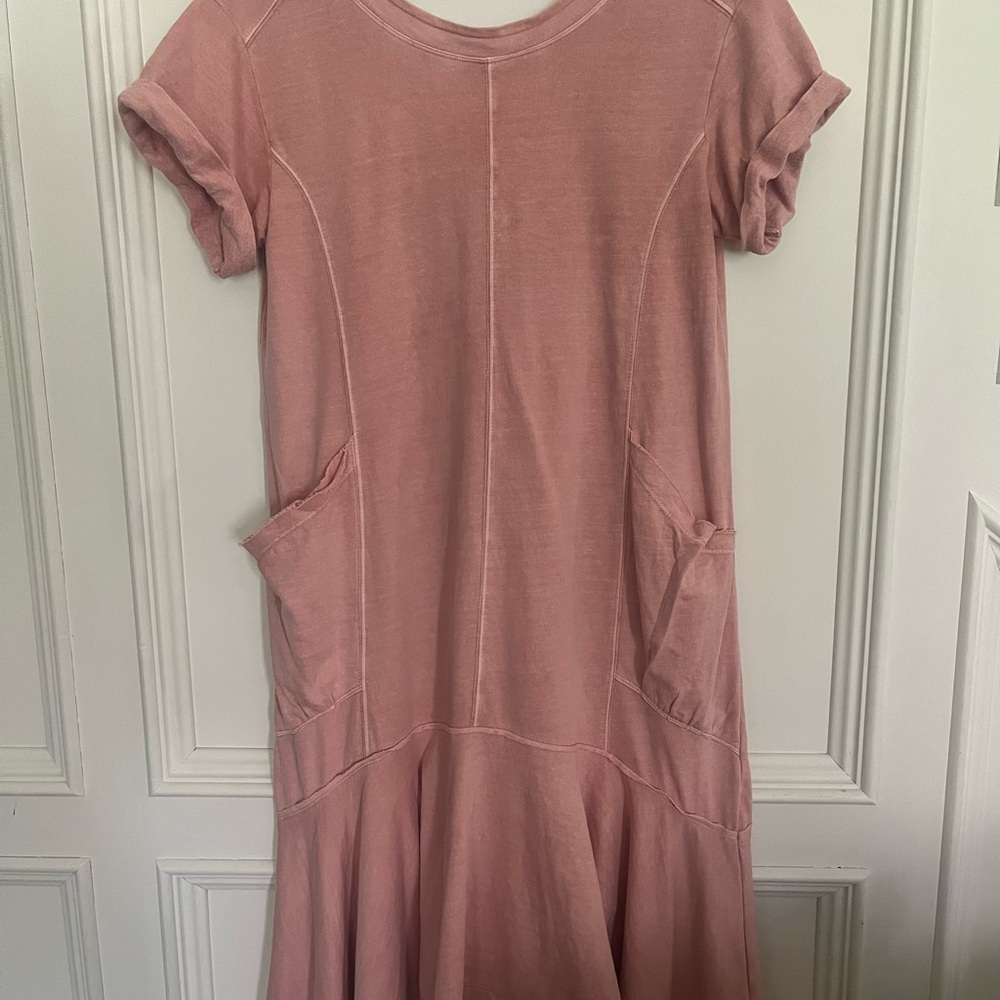 Anthropologie Pink Crew Neck Cuffed Sleeve Midi Dress